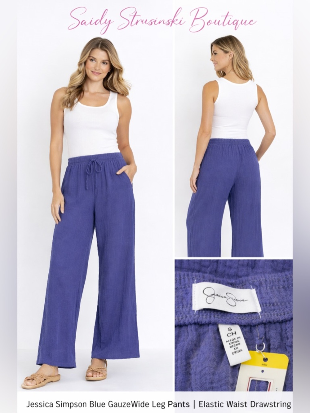 Jessica Simpson Blue Gauze Wide Leg Pants | Elastic Waist Drawstring | Size S